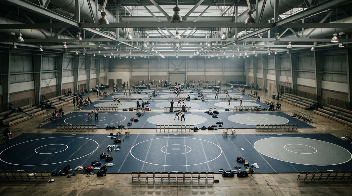 Several circular wrestling mats laid out across a large hall floor with chairs and bleachers around them.
