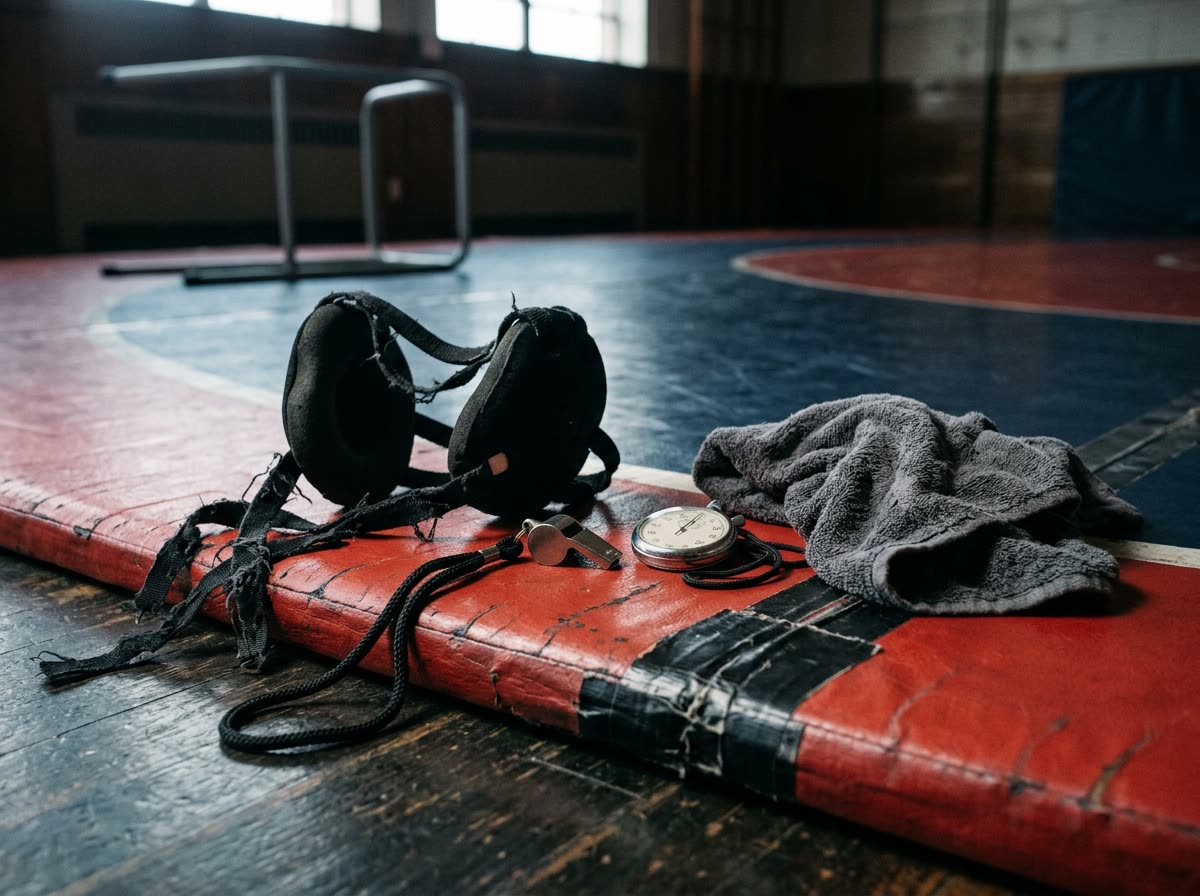 Wrestling headgear, a whistle on a lanyard and a stopwatch resting at the edge of a mat.