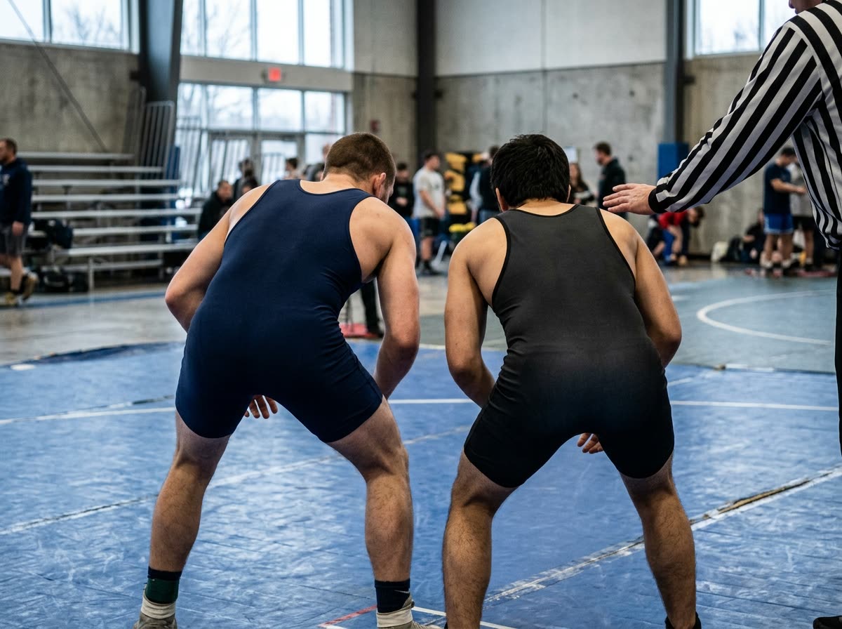 Two adult wrestlers in singlets set in a starting position on a mat as a referee's arm reaches in.
